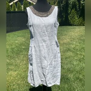 LINA TOMEI Made in Italy Semi Sheer 100% Linen Dress with Beaded Neckline .